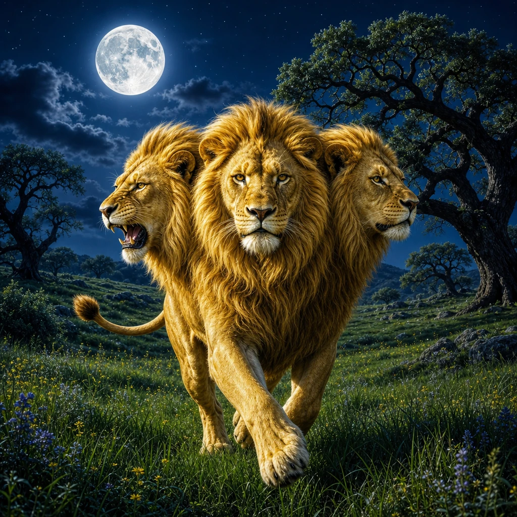 Three headed golden lion running under a bright full moon