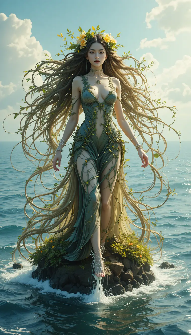 Giant nature woman walking calmly through the endless ocean