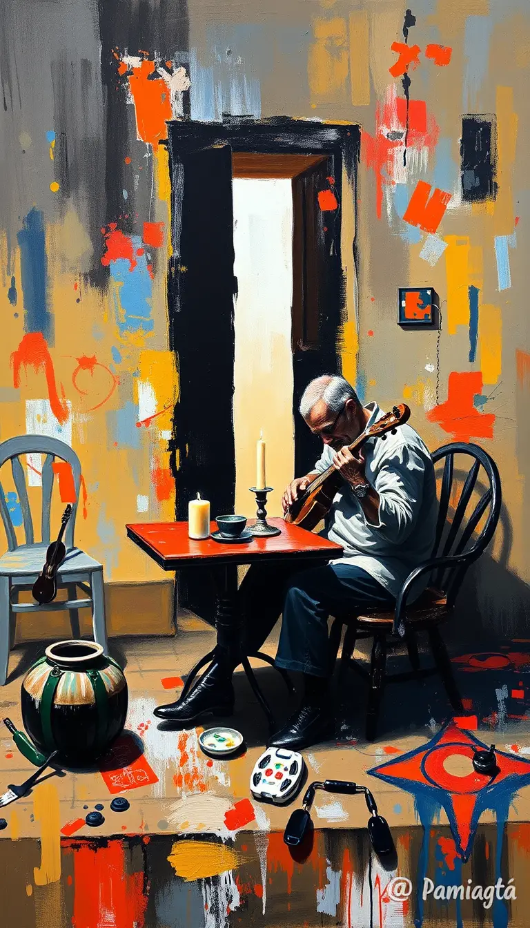 Man Playing String Instrument On Stone Balcony At Night