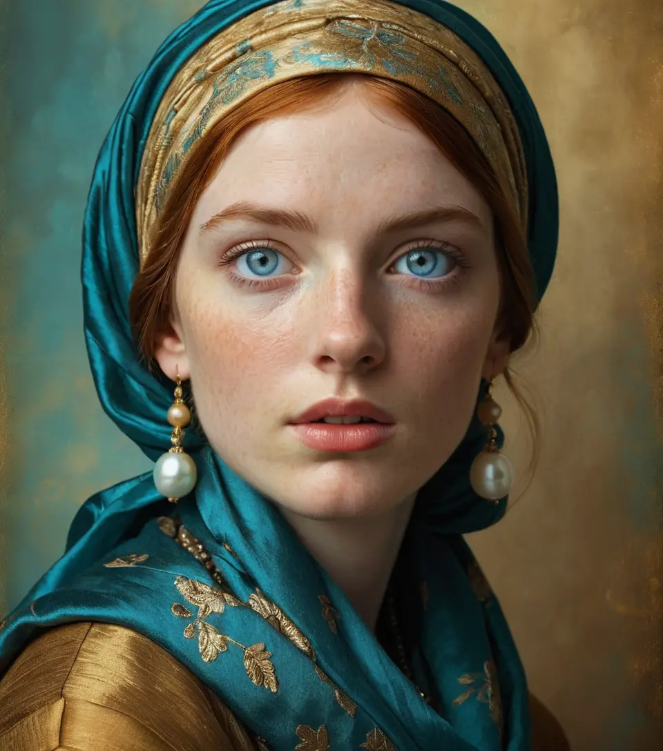 Freckled young woman in teal brocade headscarf gazing upward