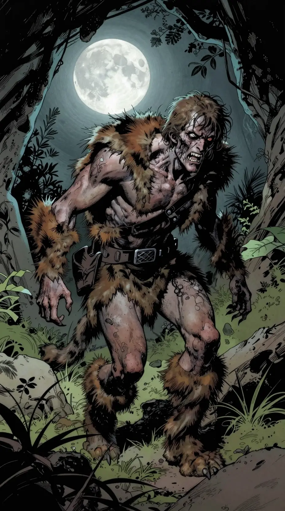 Wild cave man under moonlight in comic book style