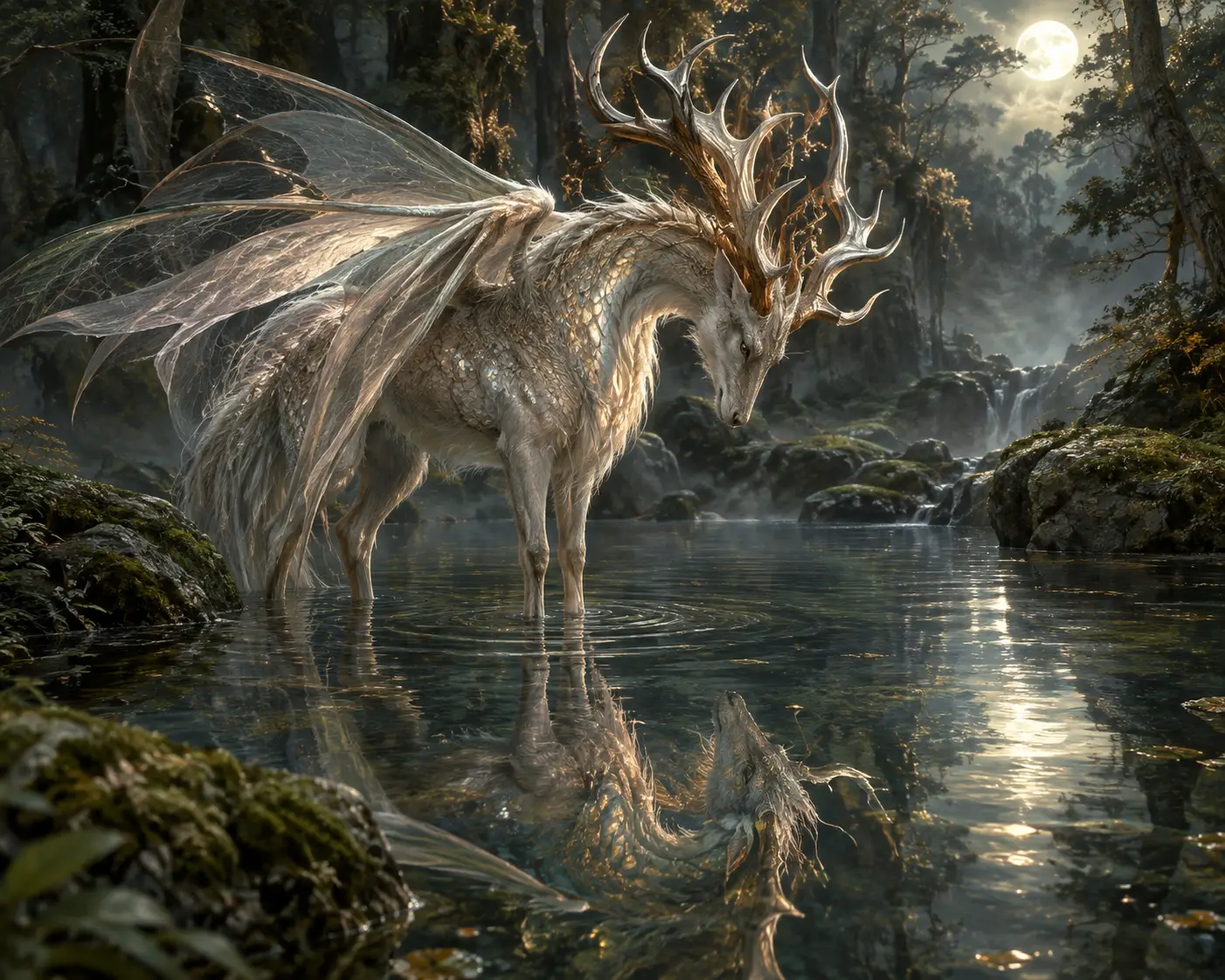 Deer dragon hybrid in moonlit forest pool reflection