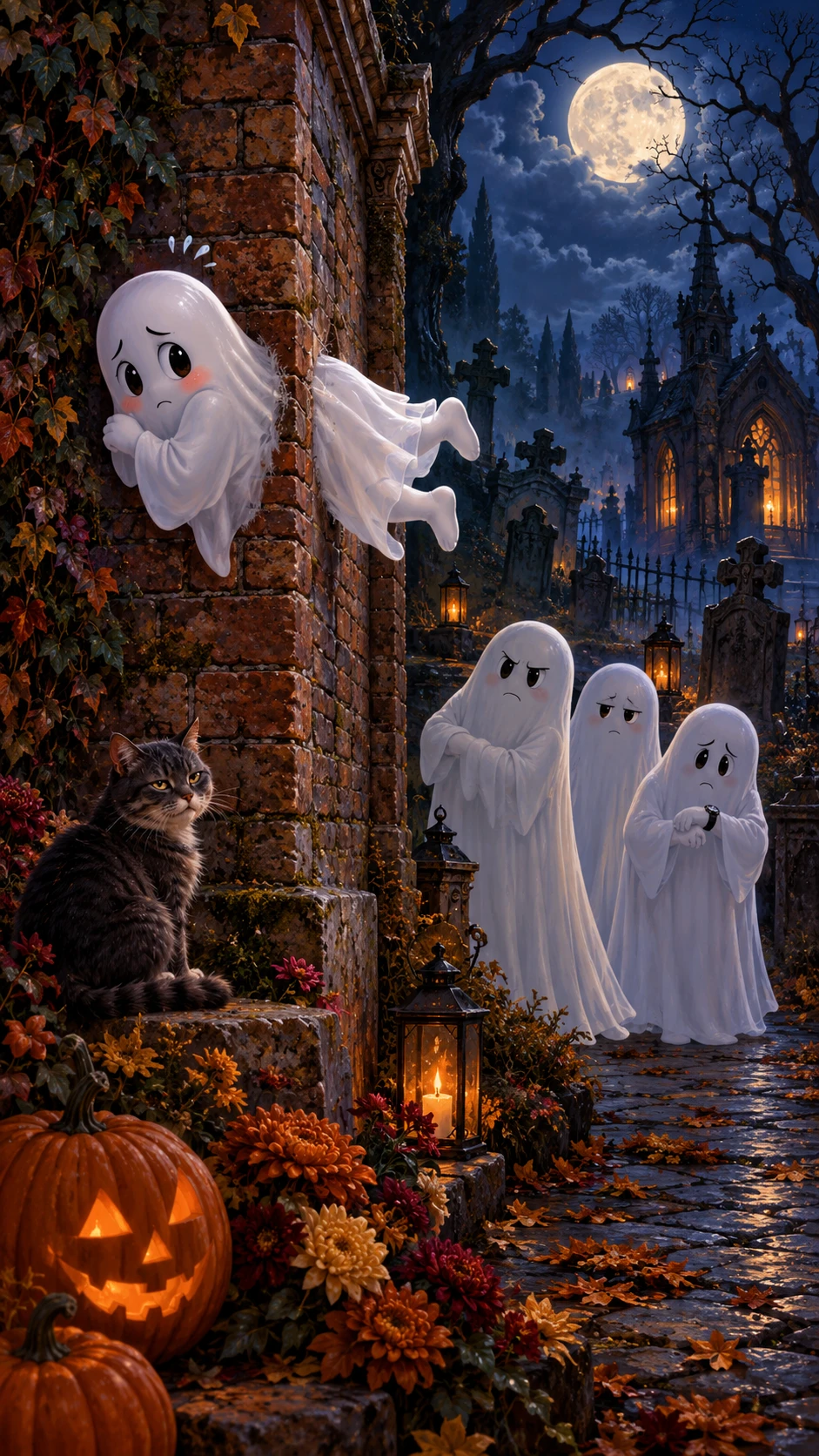 Embarrassed Little Ghost Stuck Halfway Through A Brick Wall