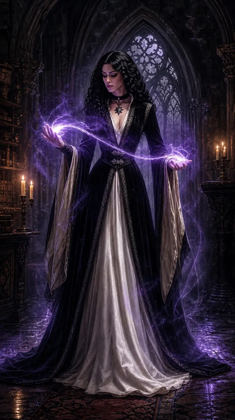 Gothic sorceress with purple magic in a dark stone hall