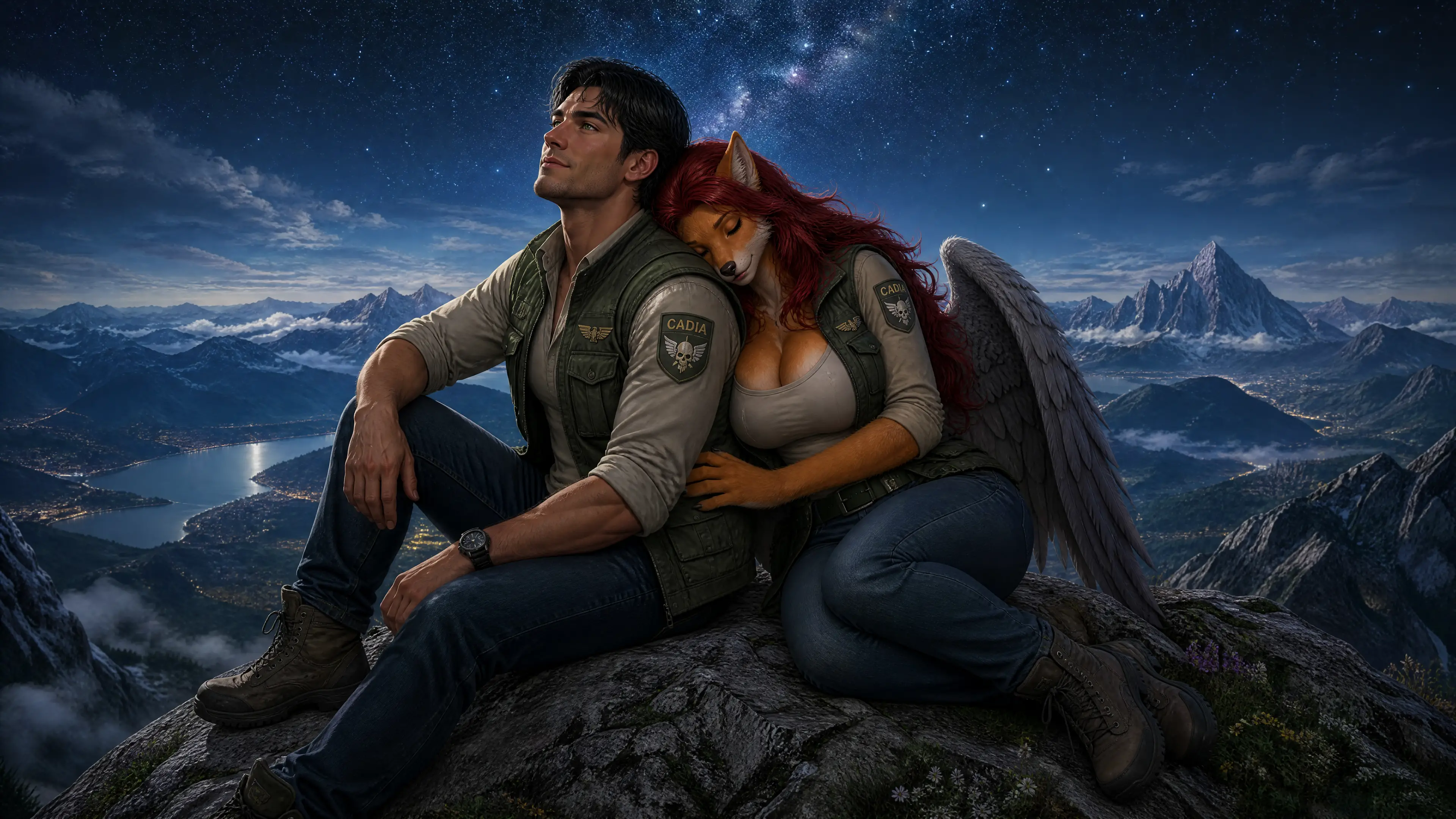 Man and winged wolf woman resting under a starry sky