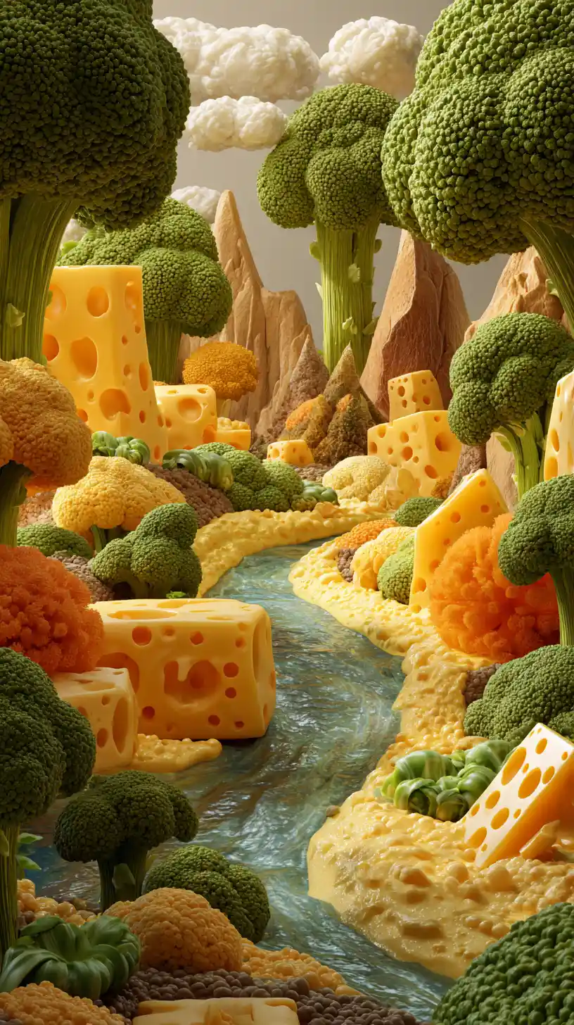 Whimsical food landscape with broccoli trees and cheese river