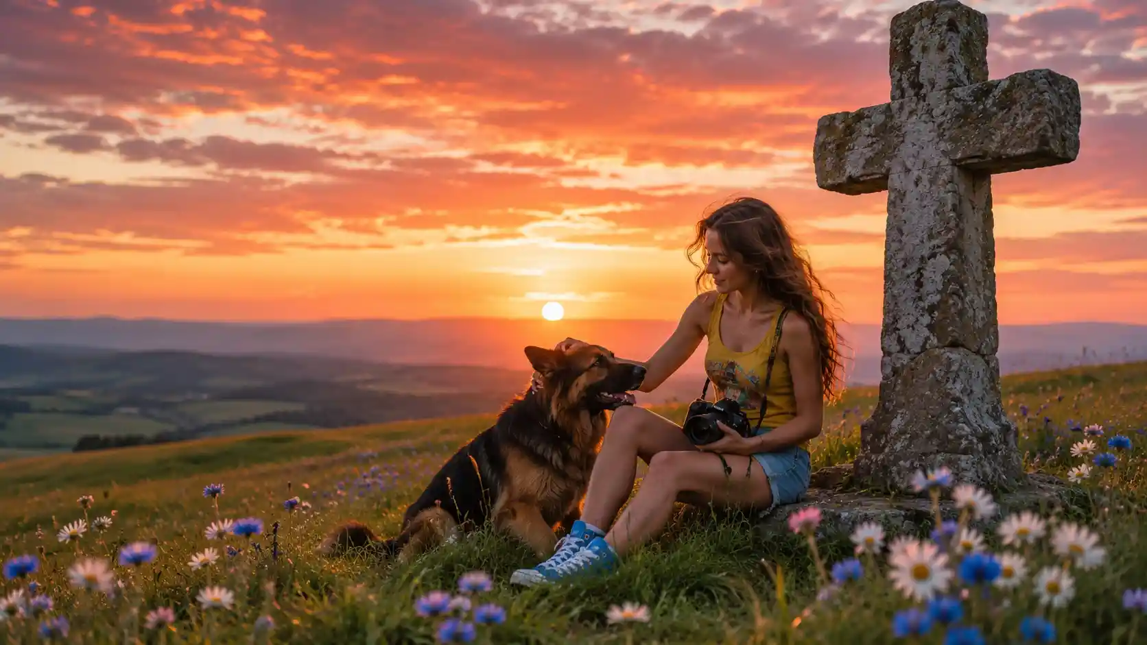 Fille et chien se reposant près d’une ancienne croix de pierre au coucher du soleil