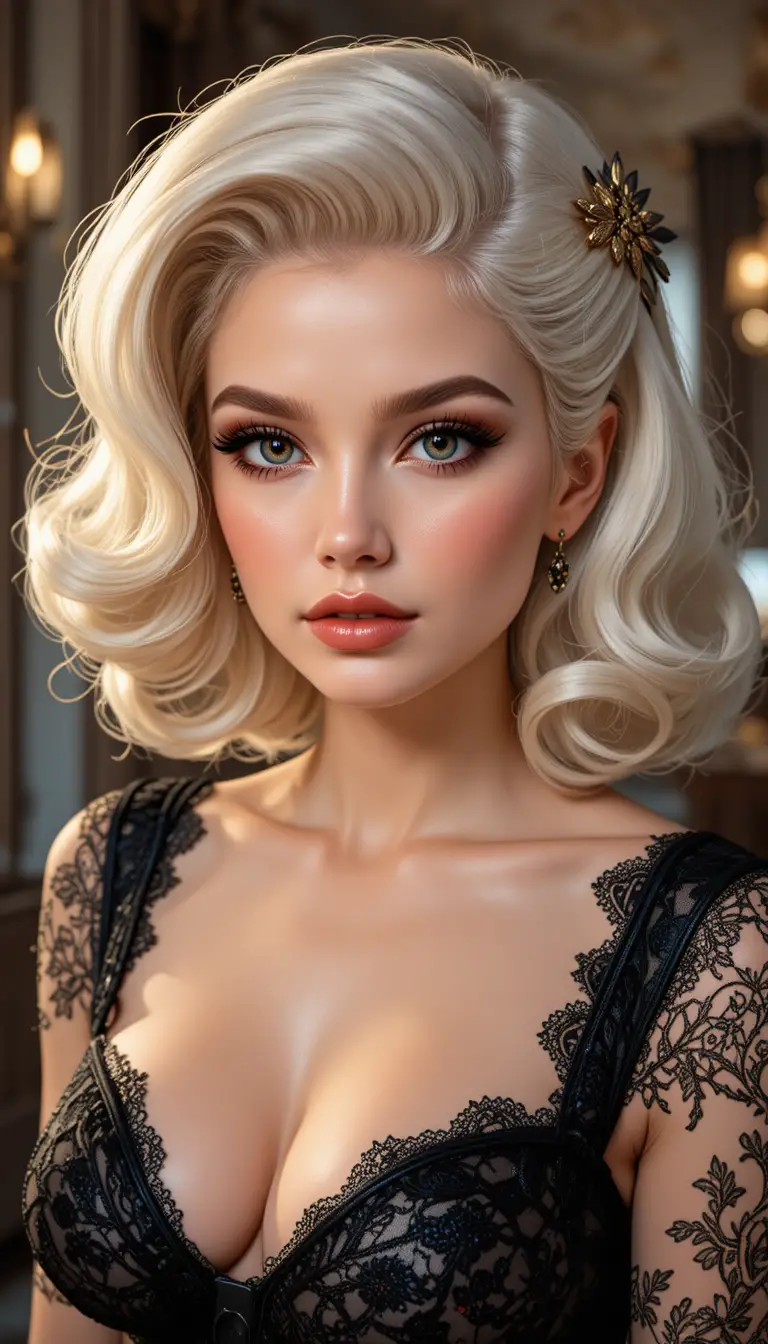 Modern pin up woman in black lace dress anime style