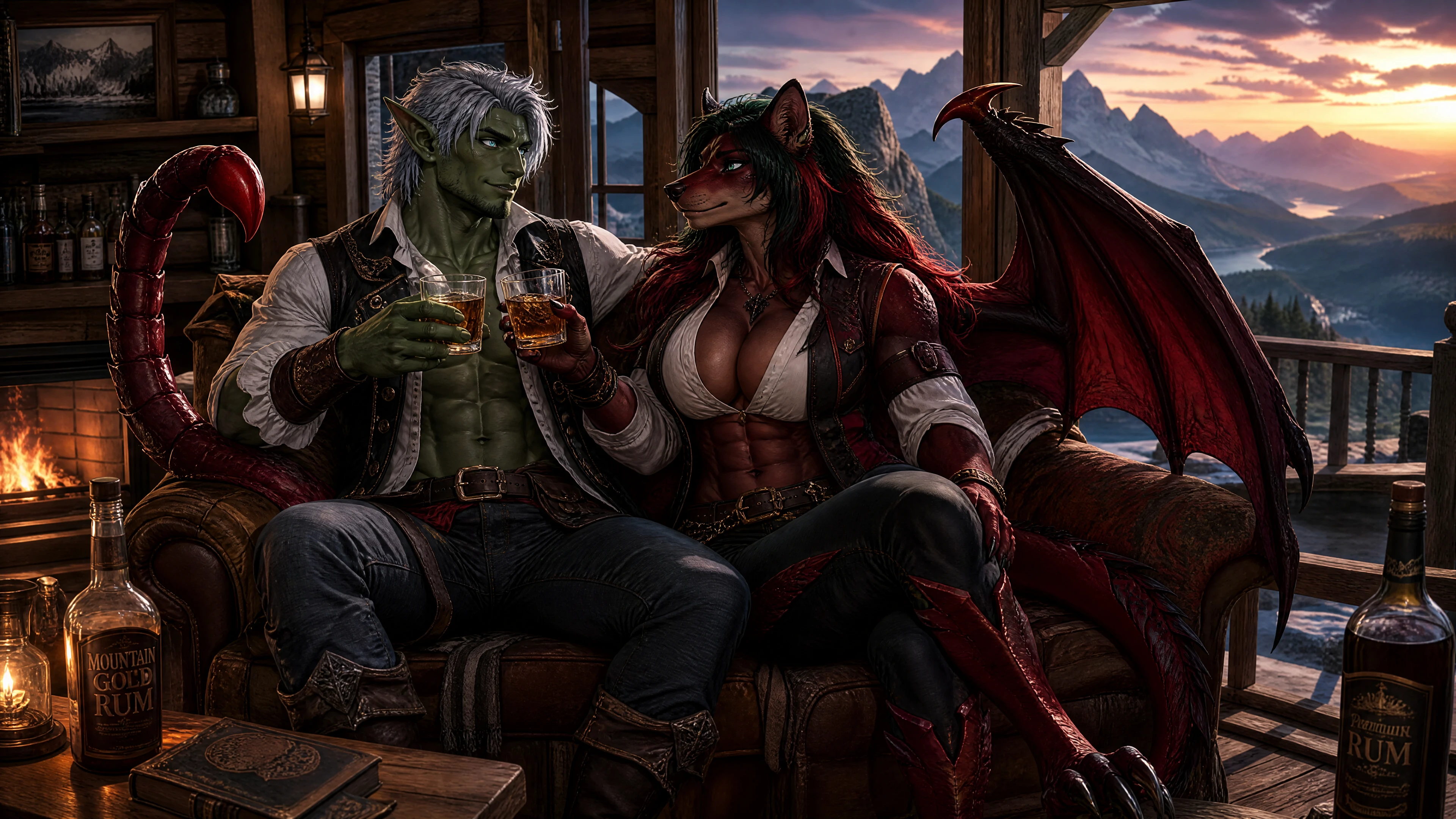 Monster couple sharing rum in a cozy mountain cabin