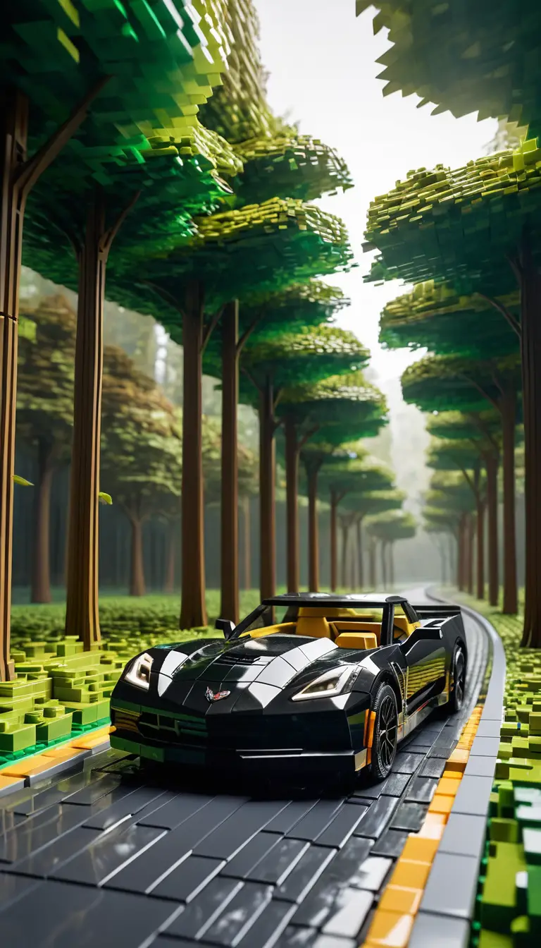 Black lego corvette driving along a forest road