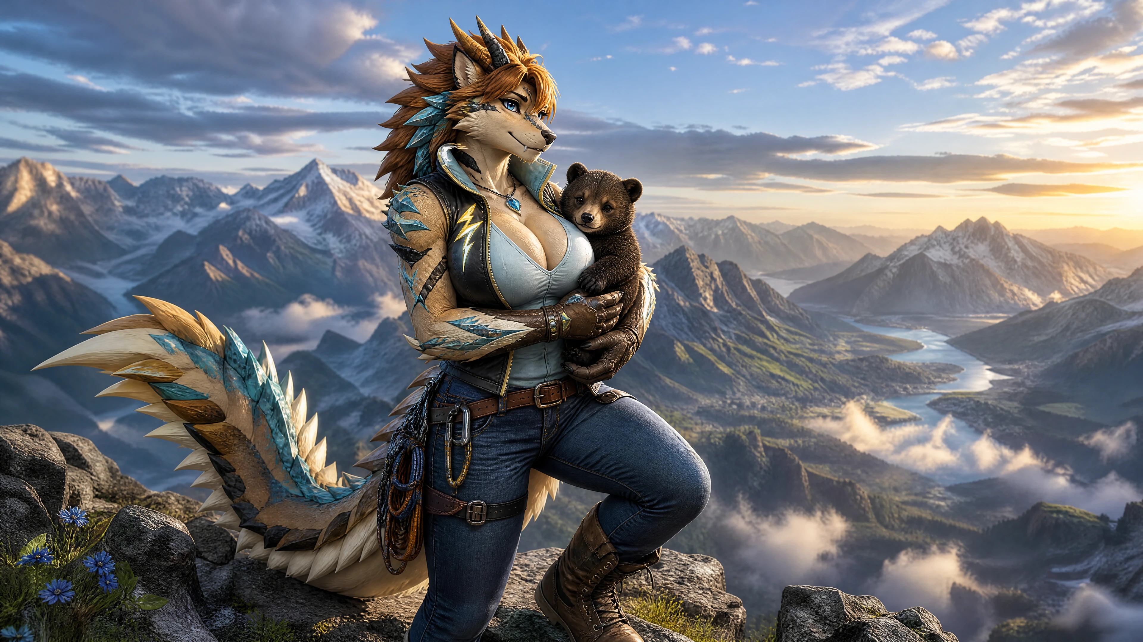 Anthro dragon holding a baby bear on a mountain summit