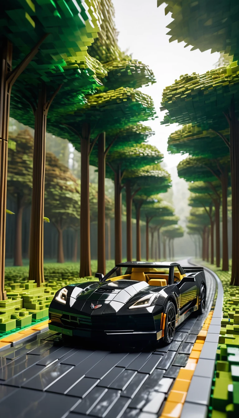 Corvette negra de Lego conduciendo por una carretera forestal