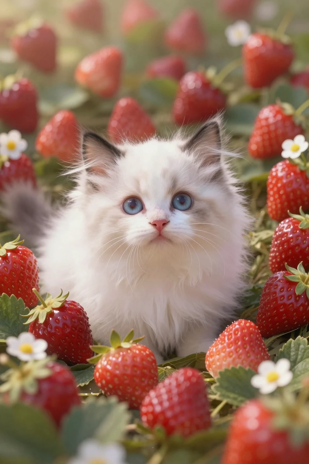 Süßes weißes Kätzchen, das aus einem Meer aus Erdbeeren hervorlugt