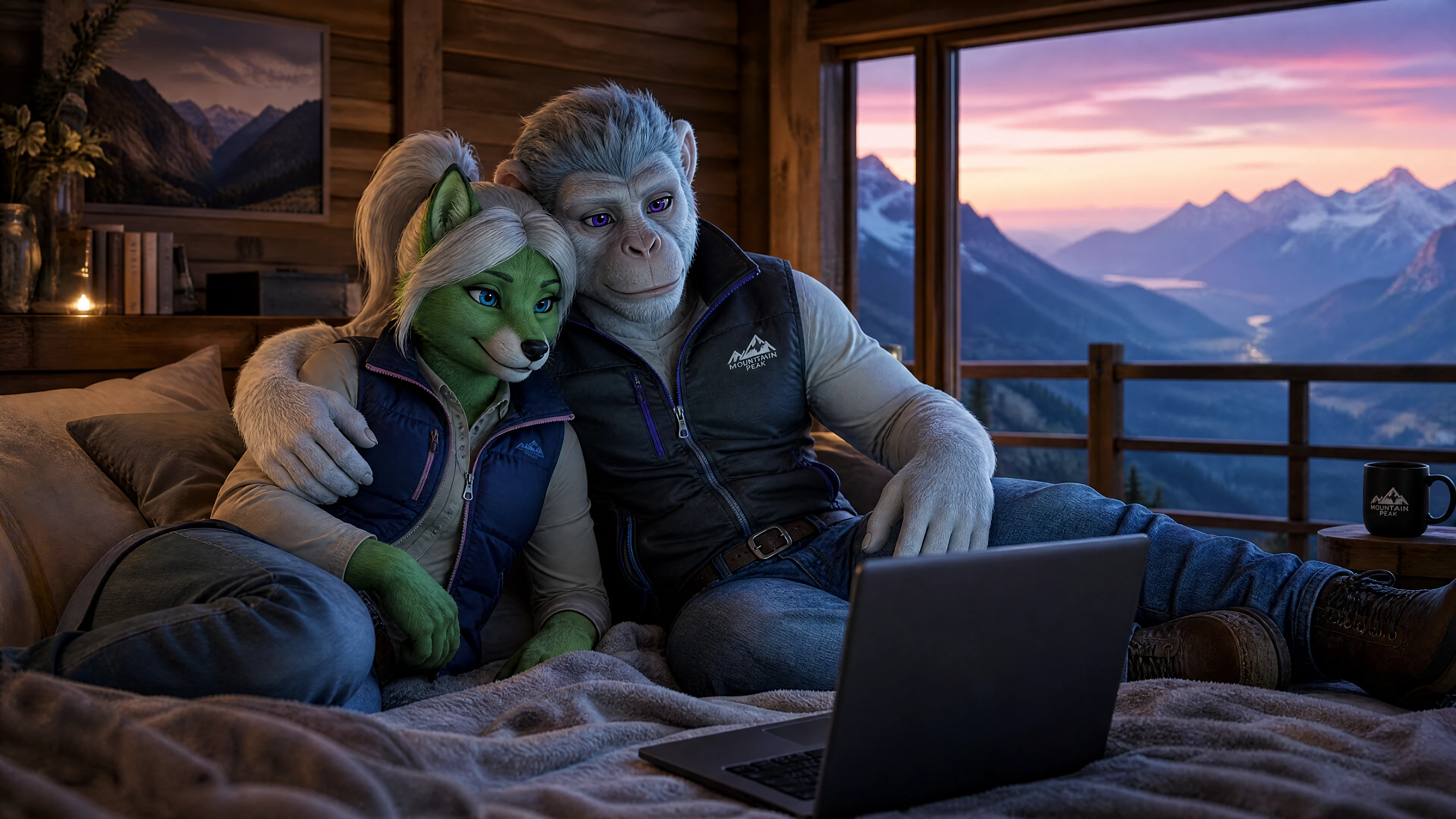 Anthro couple watching a laptop movie together in bed