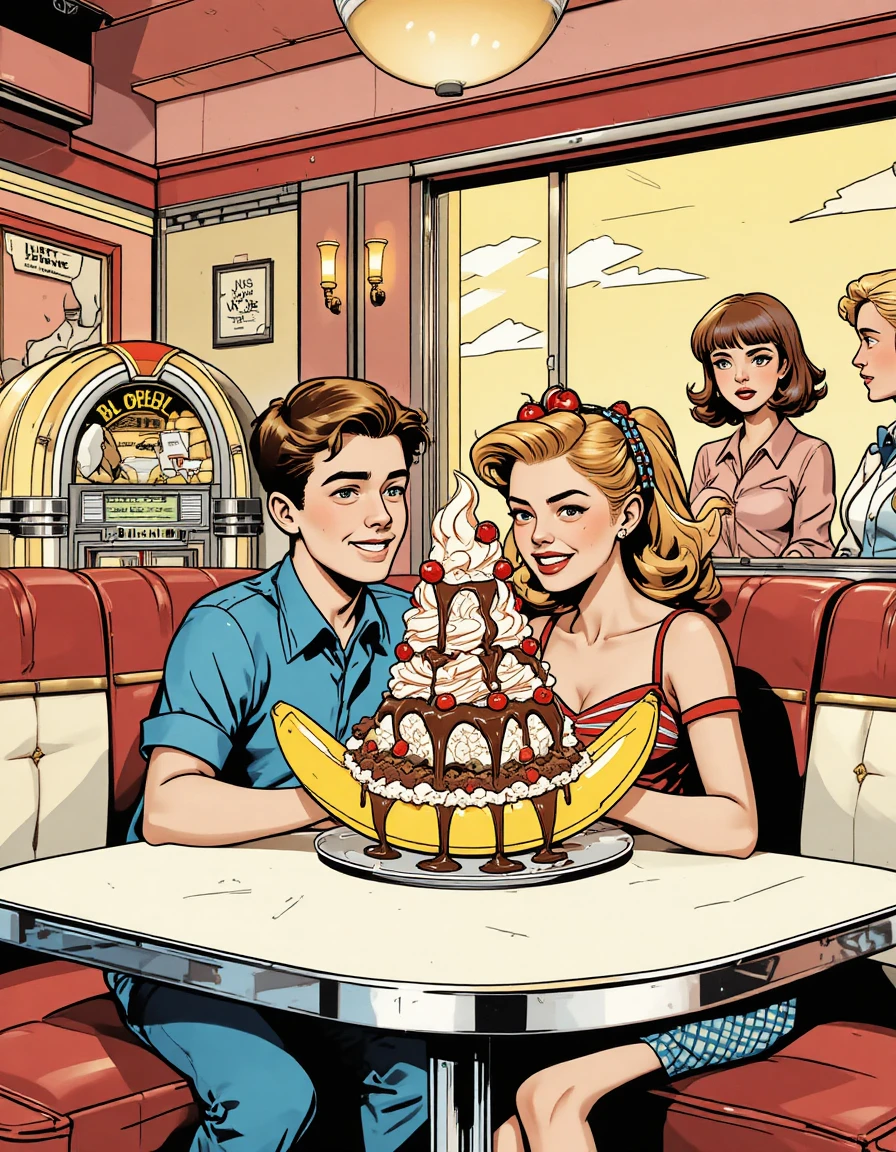 Teenagers Sharing A Banana Split In A Retro Diner Booth