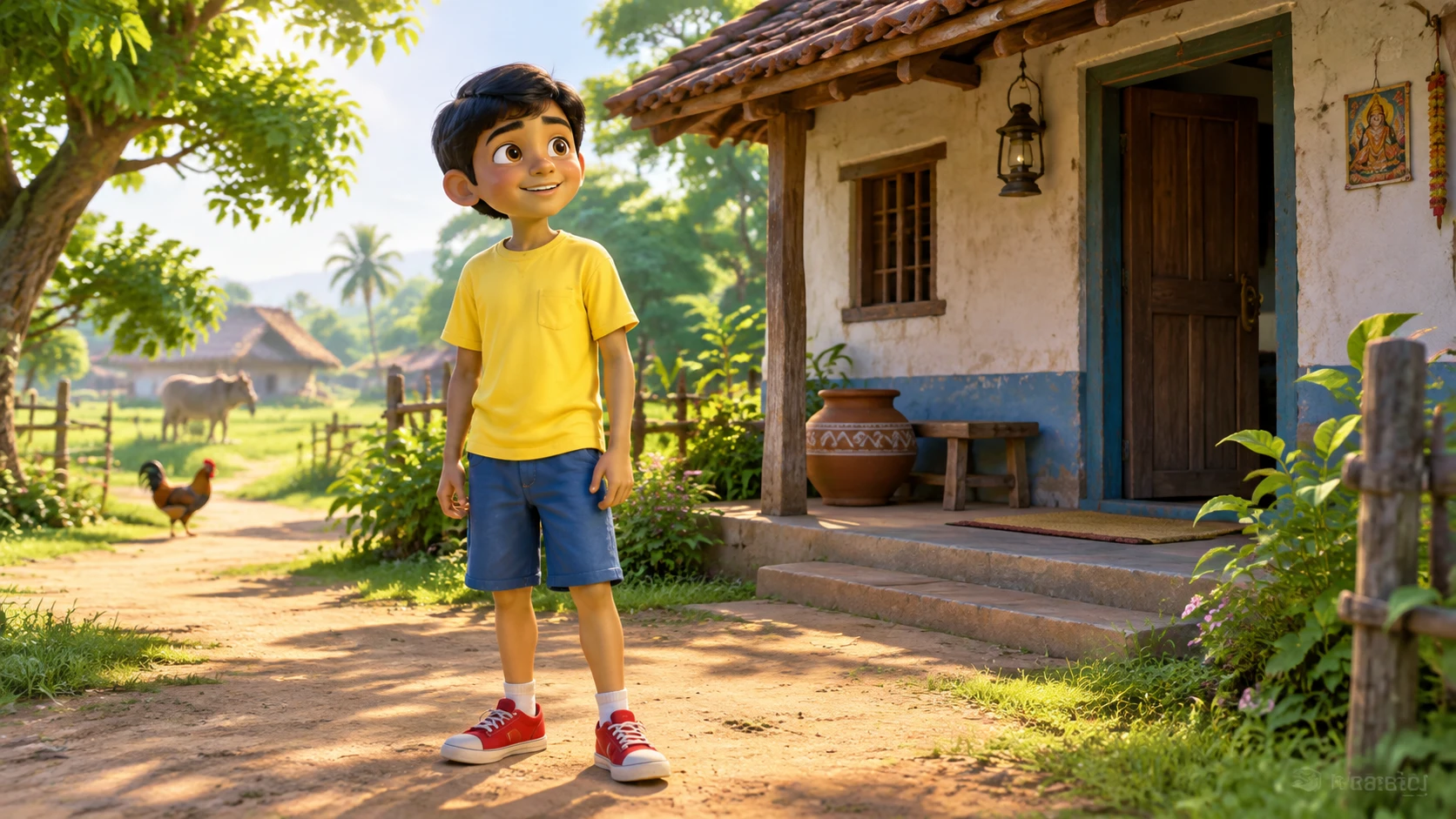 Curious Indian village boy standing outside his small home