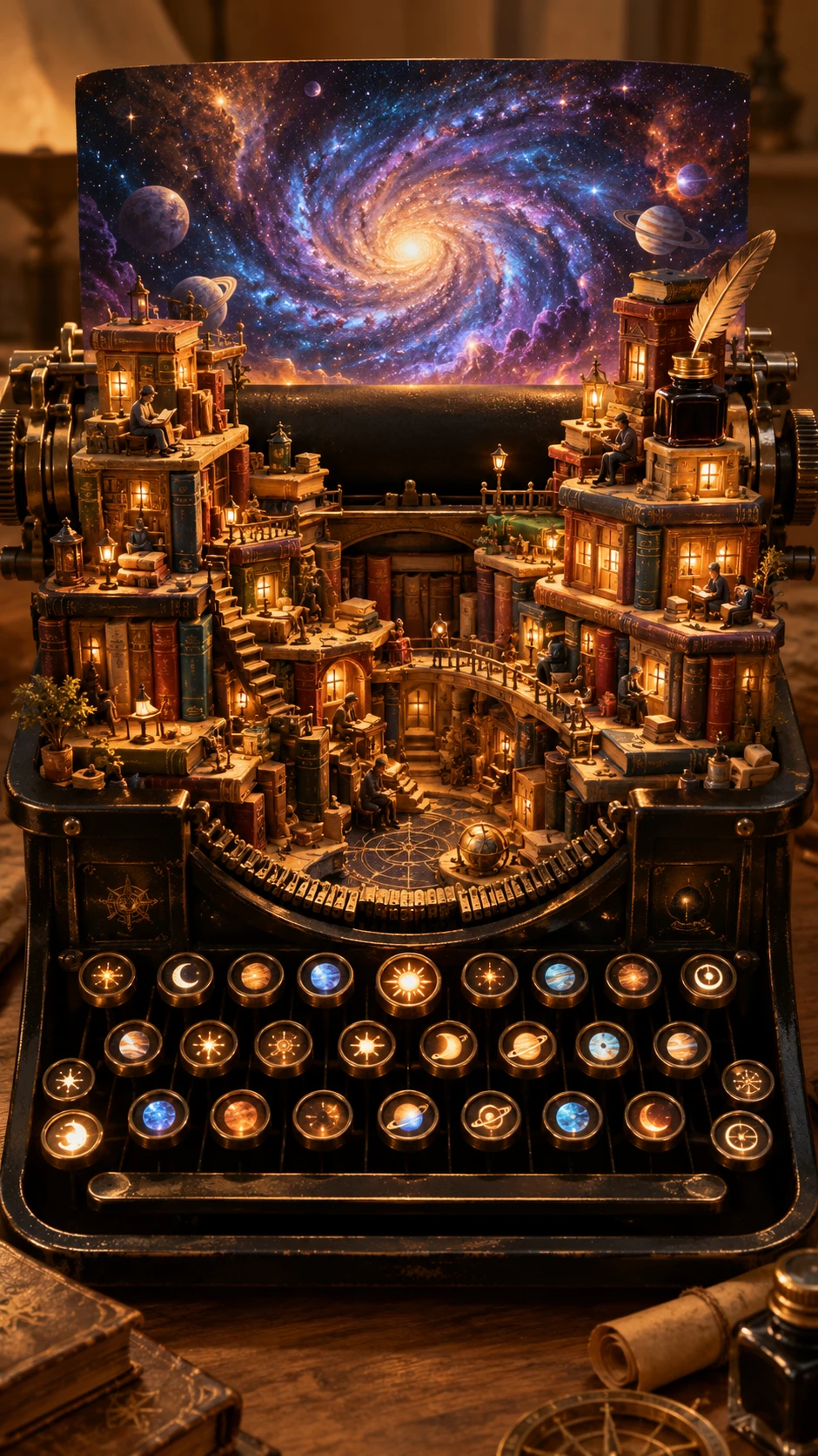 Surreal city of books inside a vintage typewriter