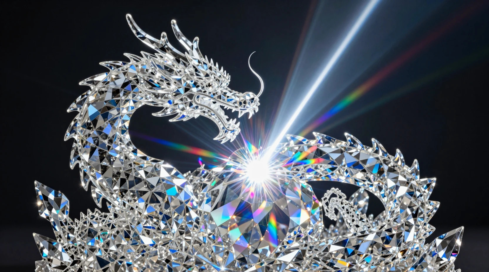 Crystal dragon refracting a single beam into rainbow light