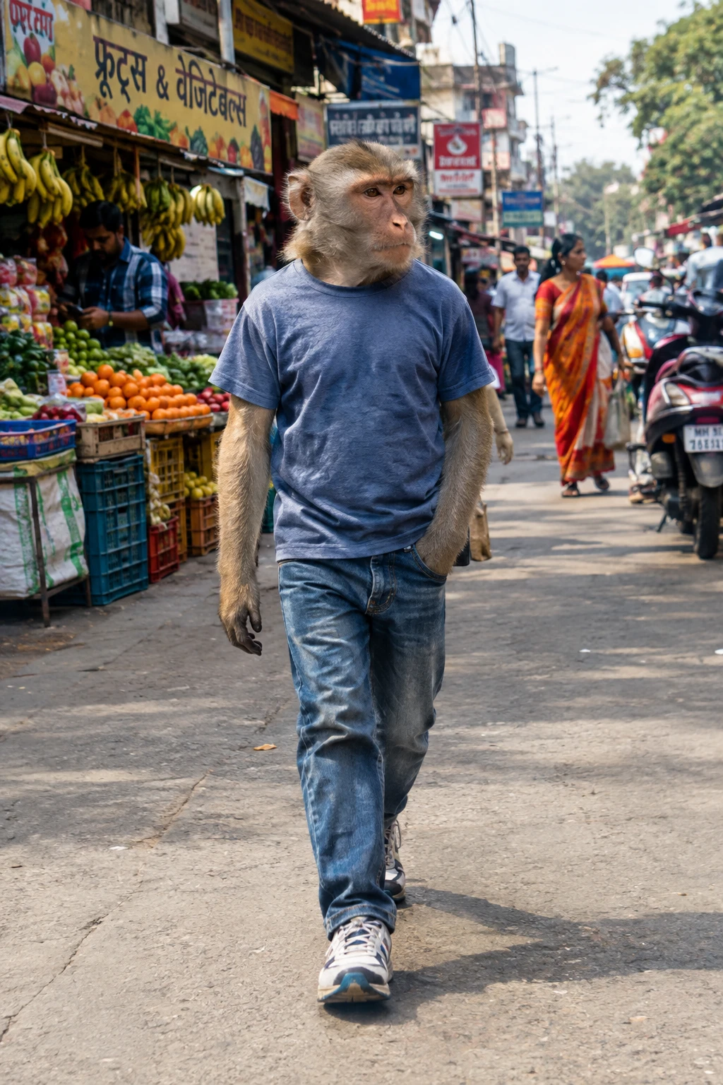 Realistic Monkey Walking Through Busy Indian Street Market