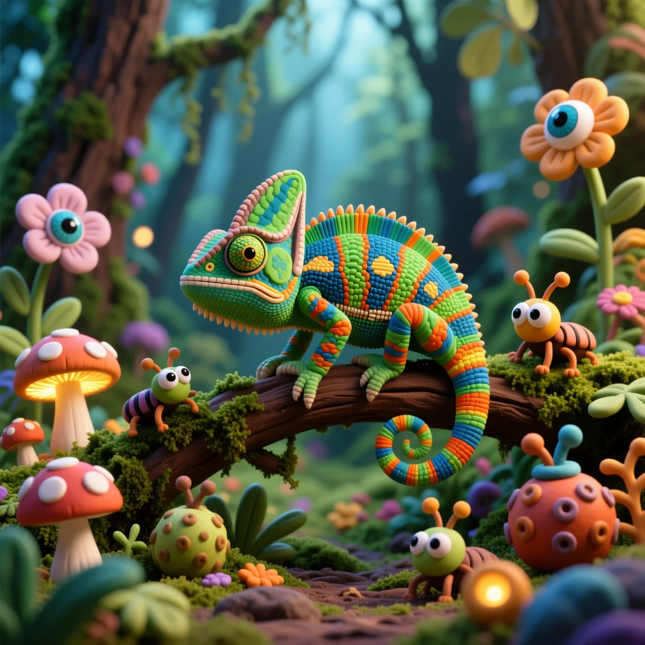 Colorful clay chameleon in a whimsical fantasy forest