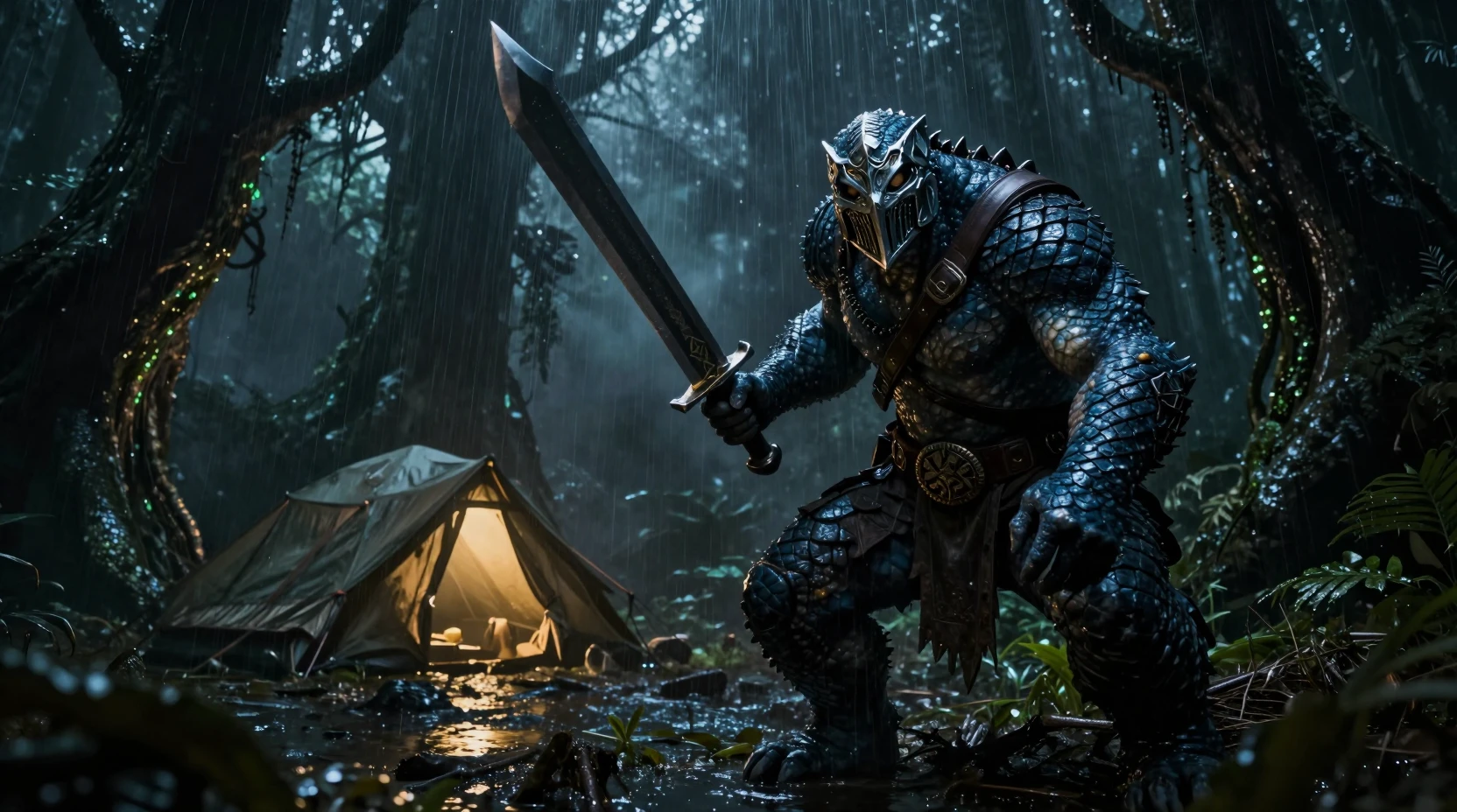 Beast warrior hiding in a dark alien rainforest night scene