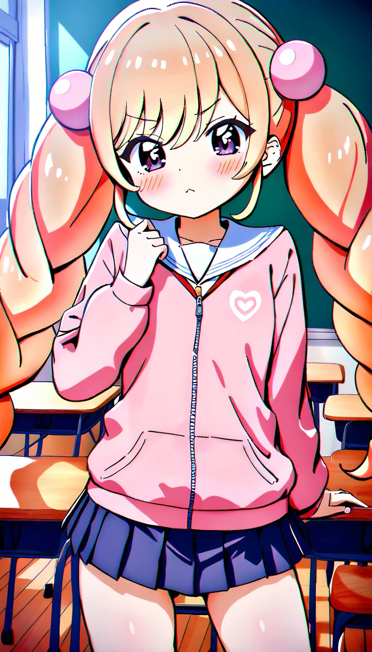 Cute anime girl playing inside a bright school classroom