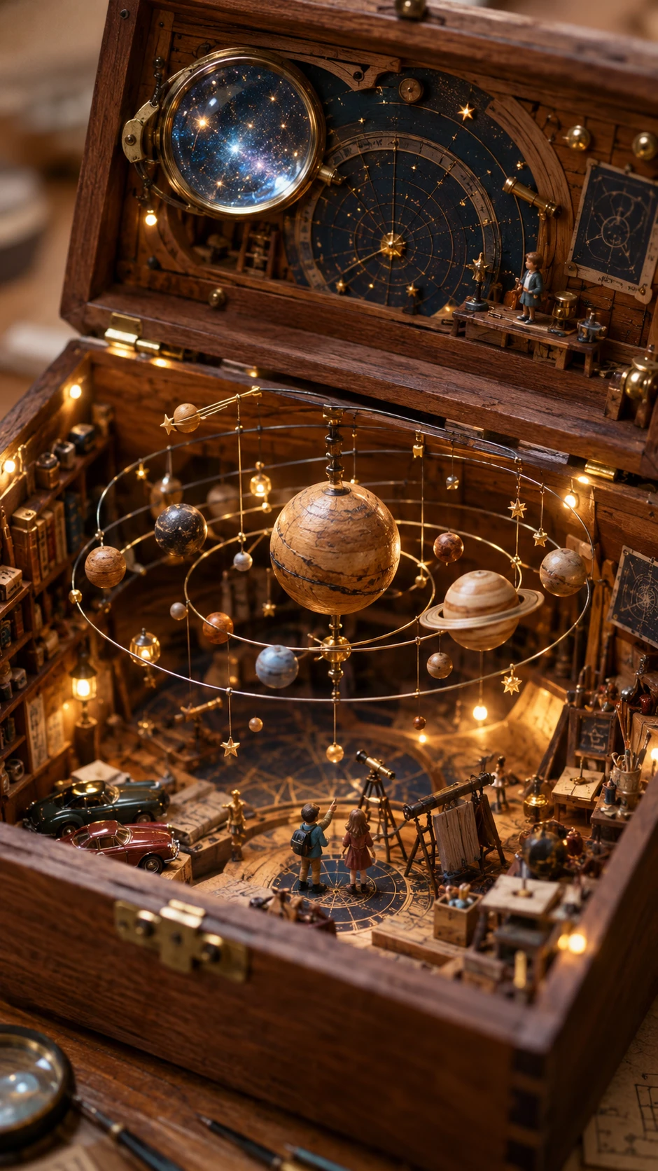 Close up of a wooden cigar box turned cosmic miniature diorama