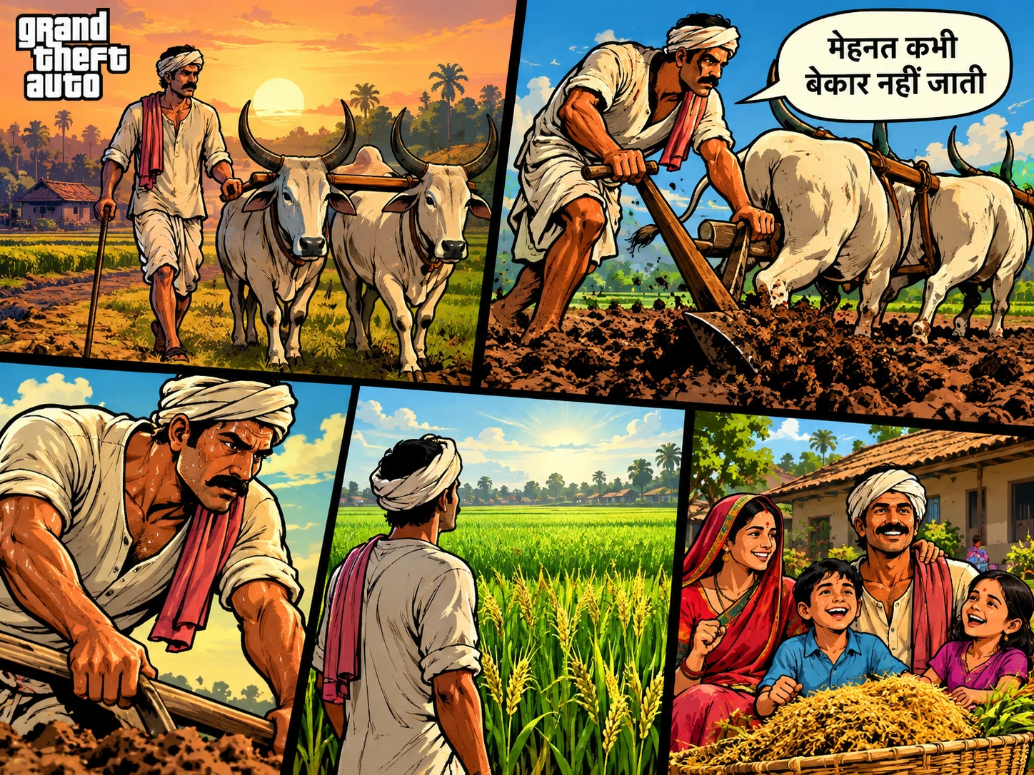 Hardworking farmer plowing a village field at dawn
