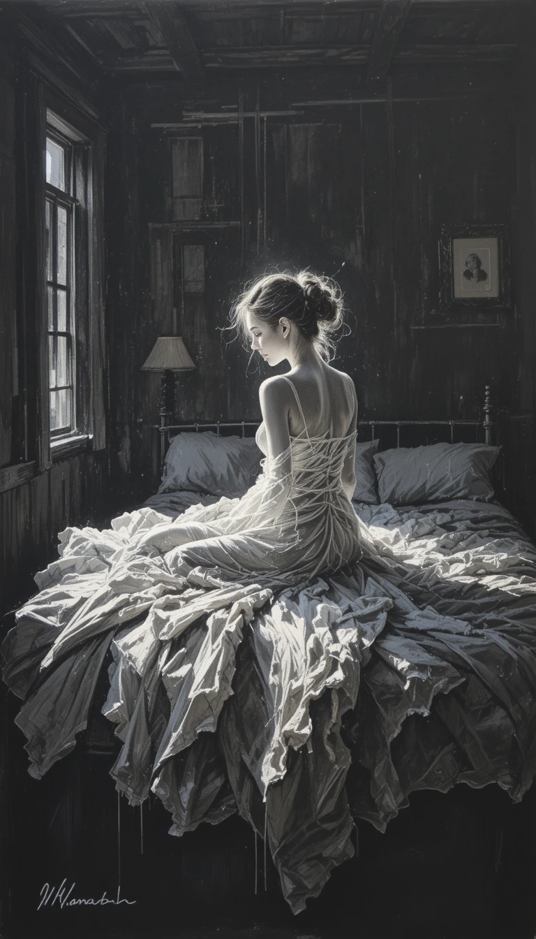 Chalk silhouette of a woman in bed with dramatic light