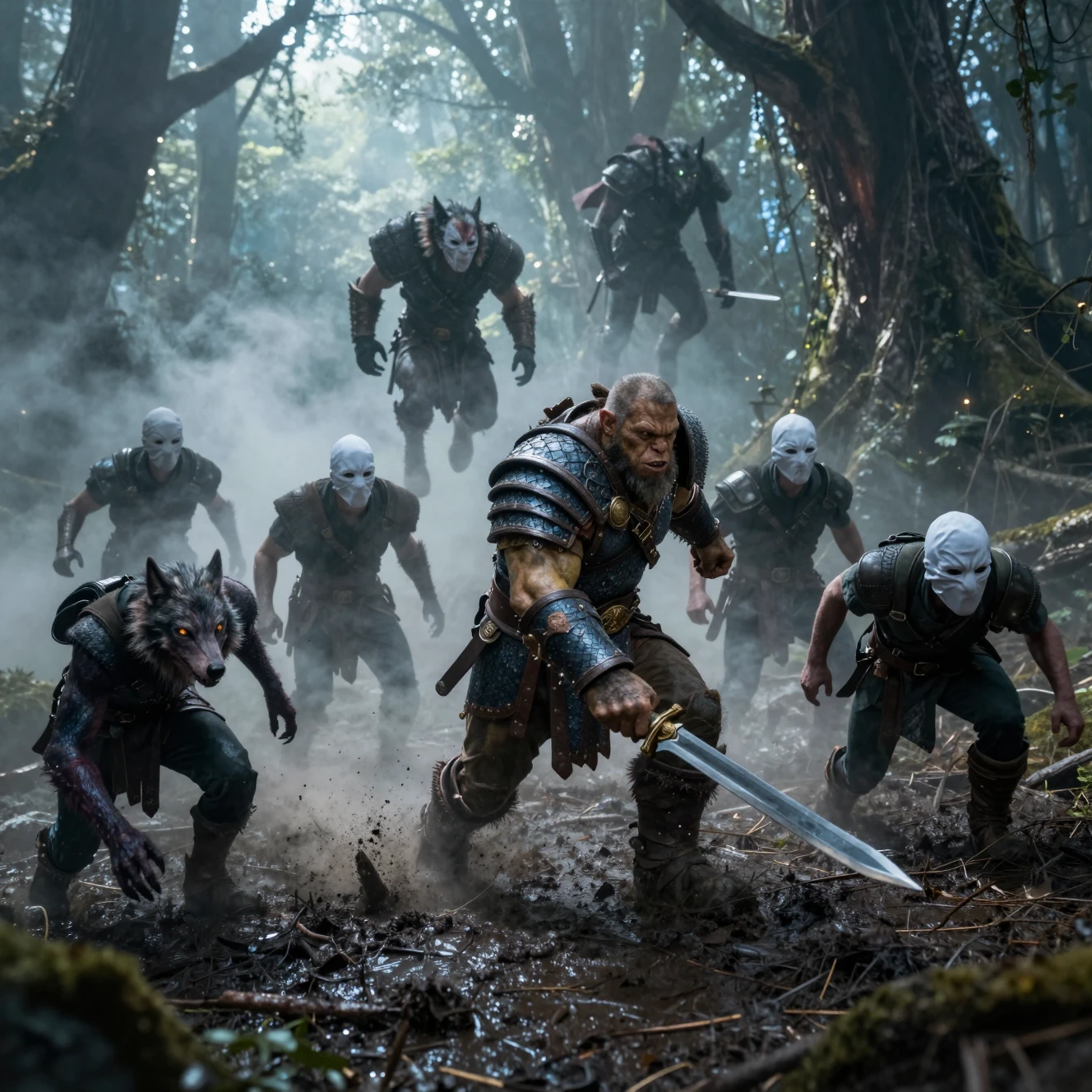 Guerreiro orc desviando de ataques em uma floresta alienígena sombria