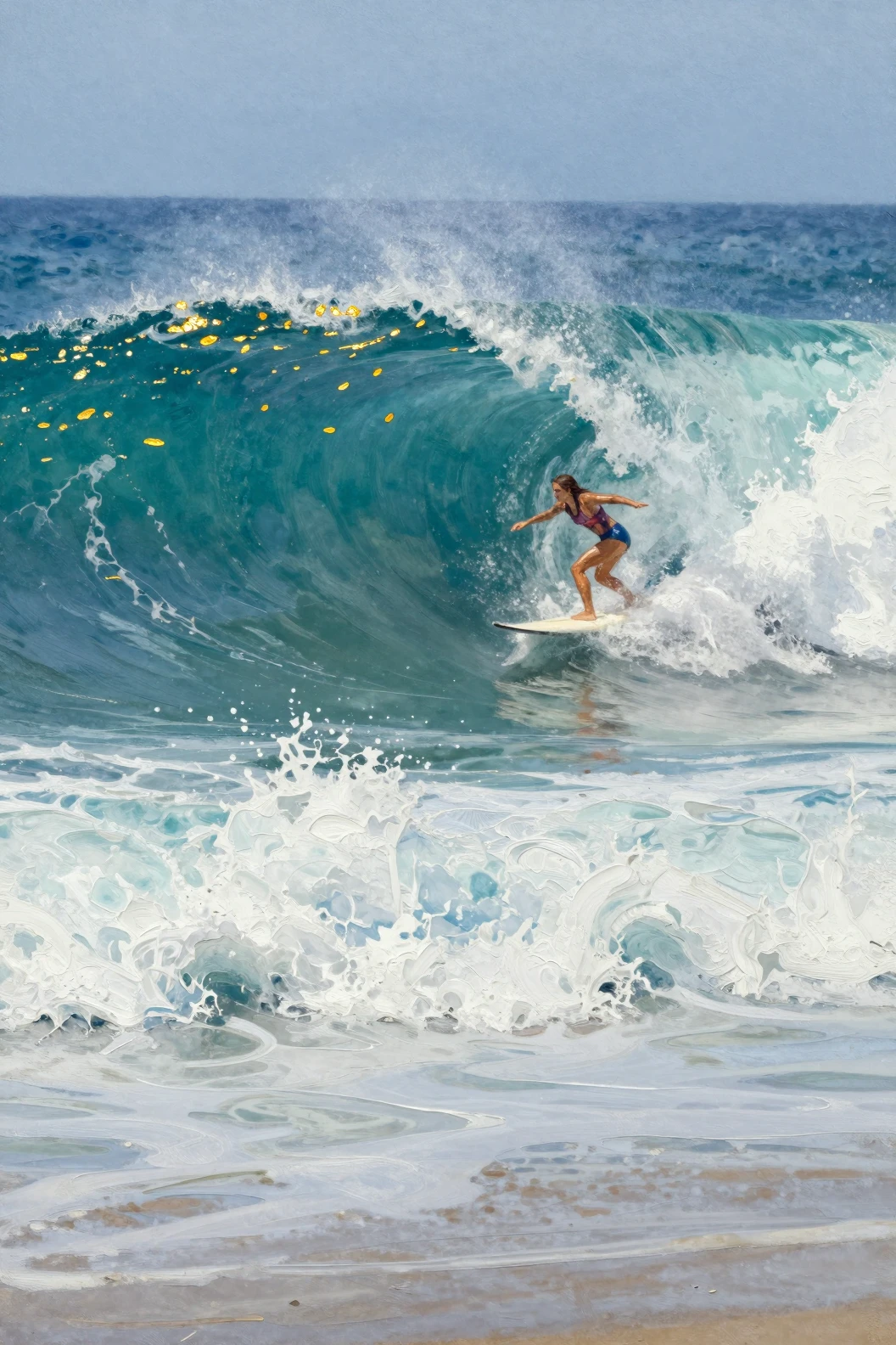 Surfer Riding A Turbulent Teal Ocean Wave In Impasto