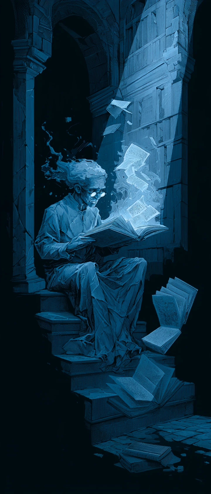 Ethereal scholar in a twilight library of floating books