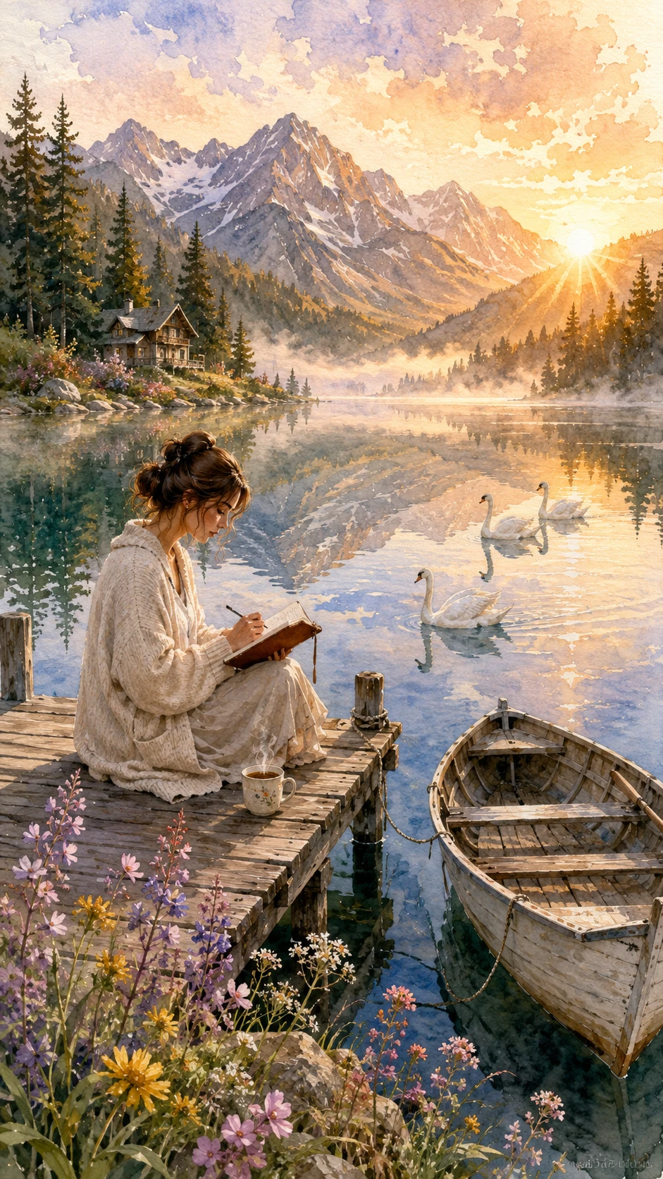 Mujer escribiendo en un muelle de lago alpino al amanecer