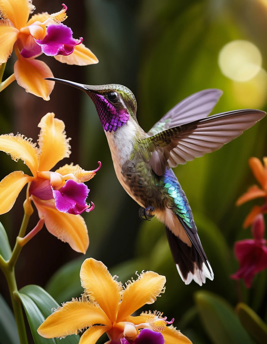 Hummingbird sipping nectar from a glowing tropical orchid