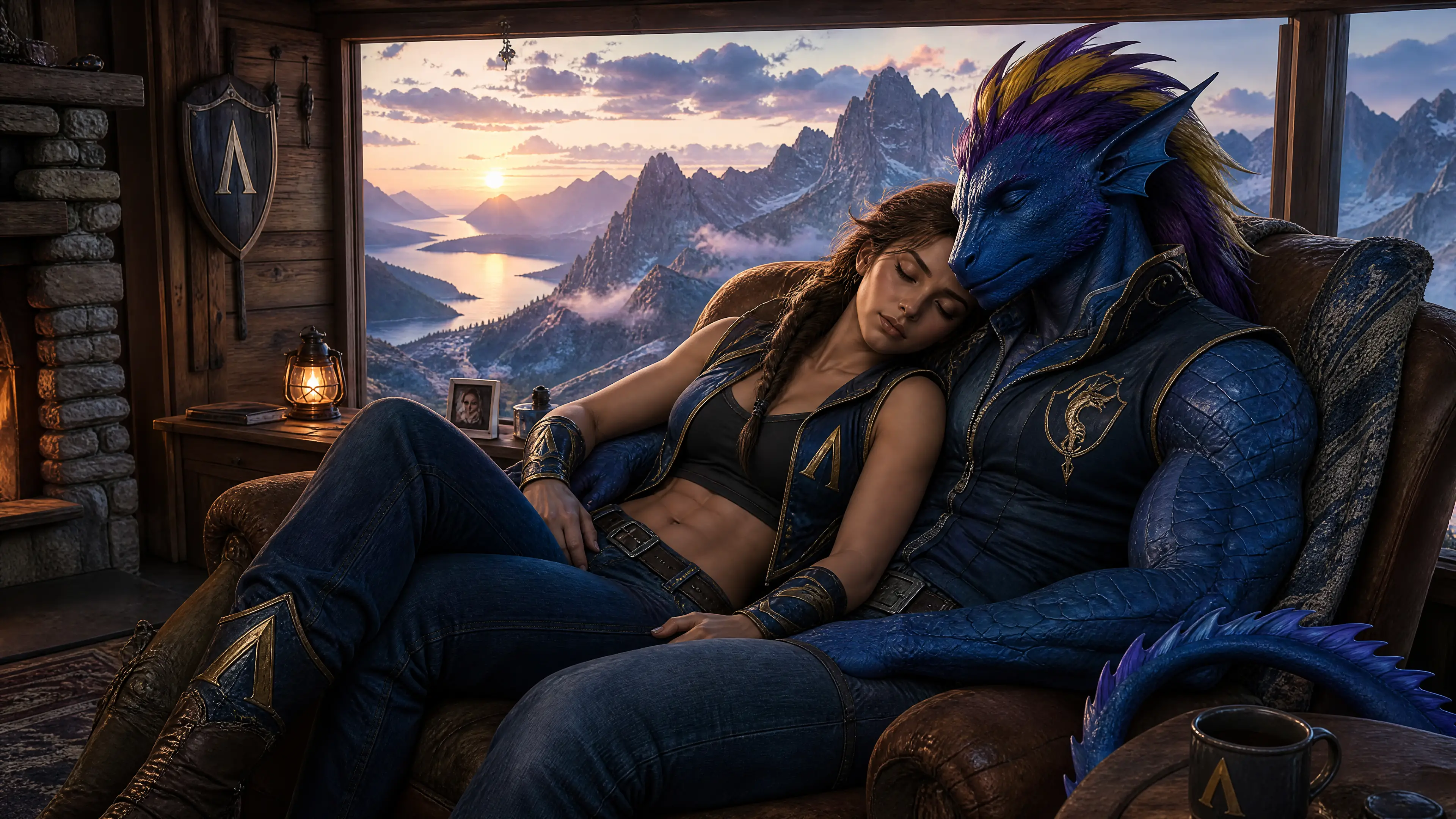 Spartan warrior woman resting in a mountain cabin chair