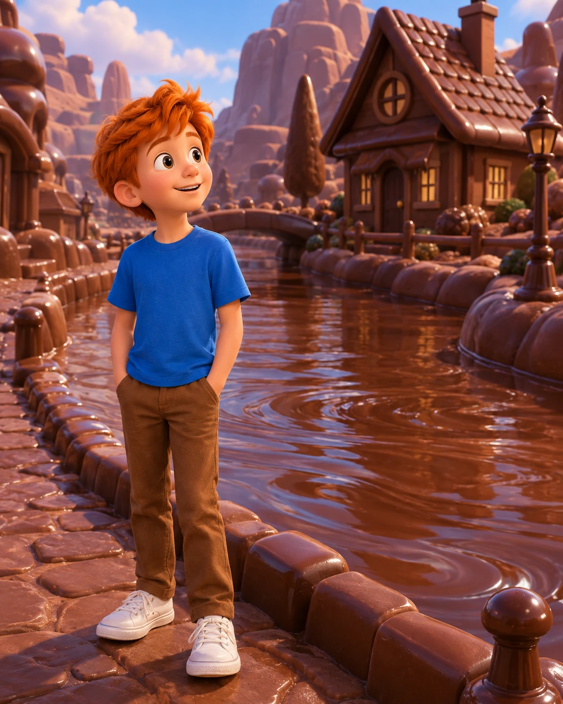 Orange haired boy in a whimsical chocolate colored town