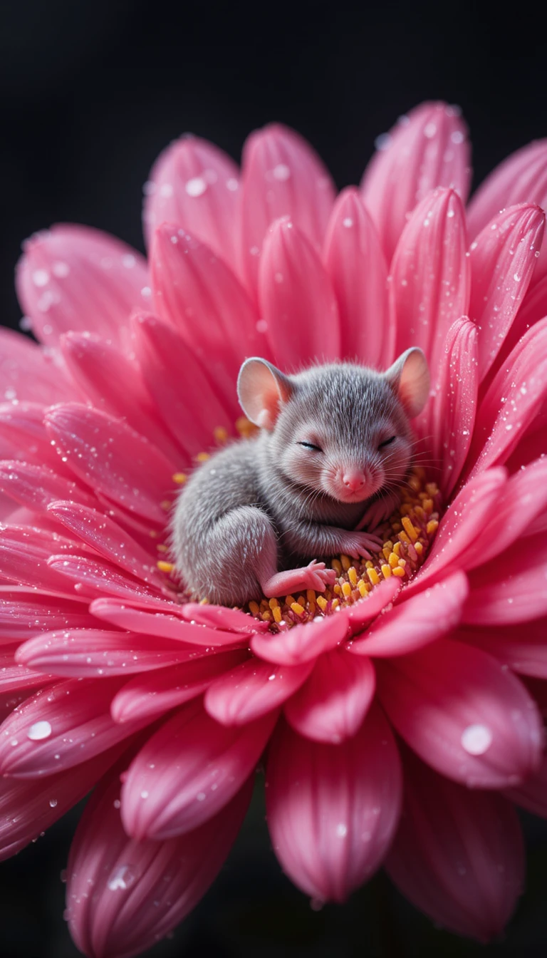 Minuscule bébé souris dormant au cœur d’une fleur rose