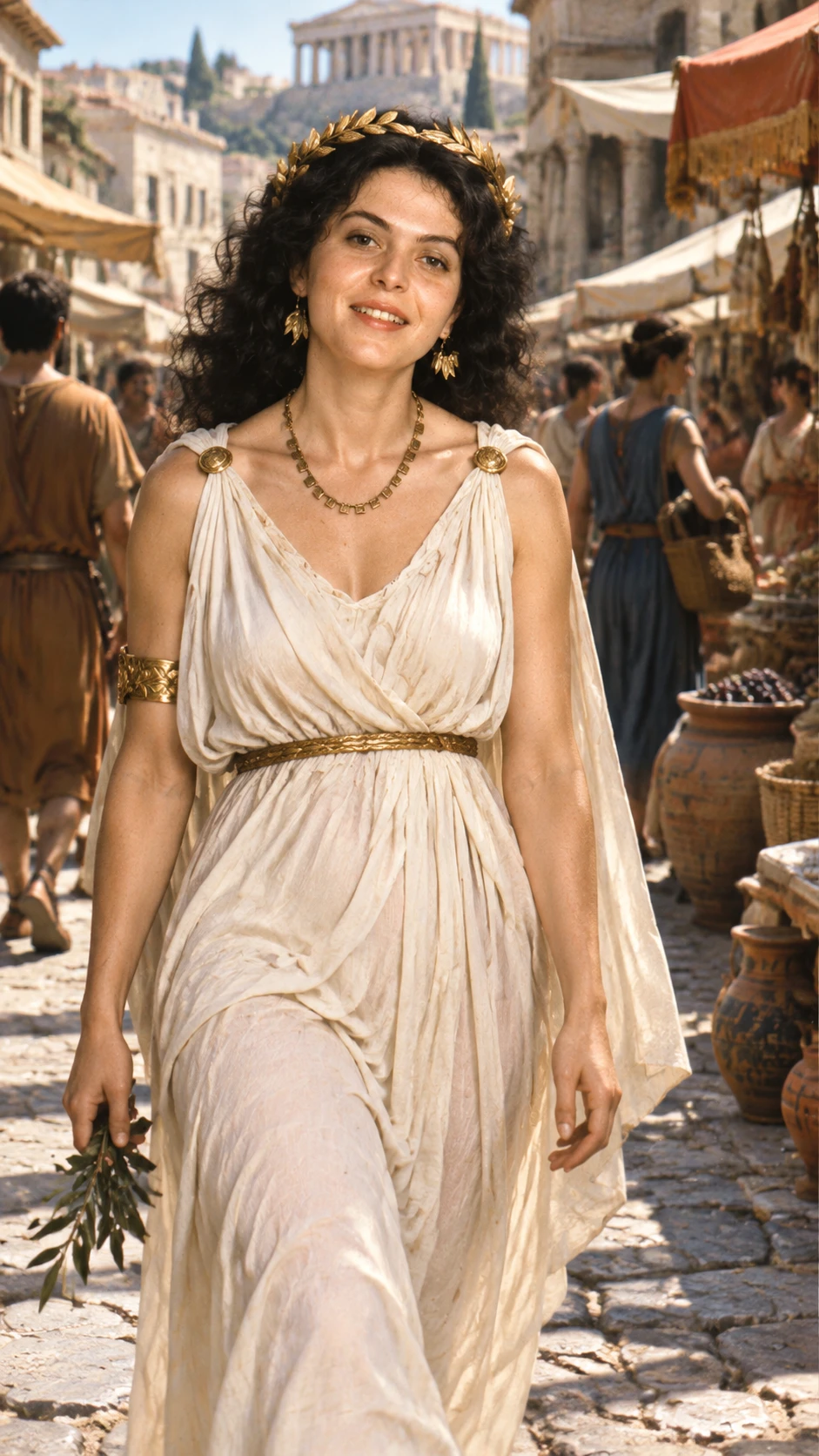 Ancient priestess walking through a busy old city street