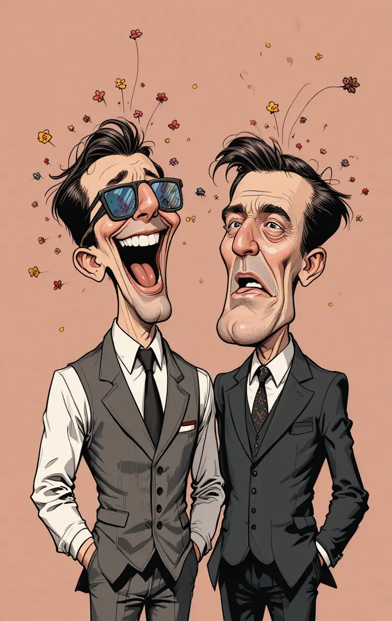 Cartoon businessmen at a table with surreal emotional contrast
