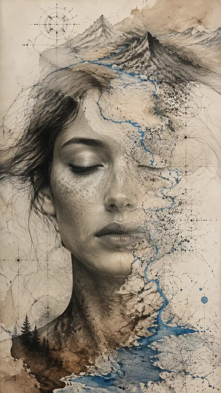 Surreal woman portrait merging with abstract cartographic landscape