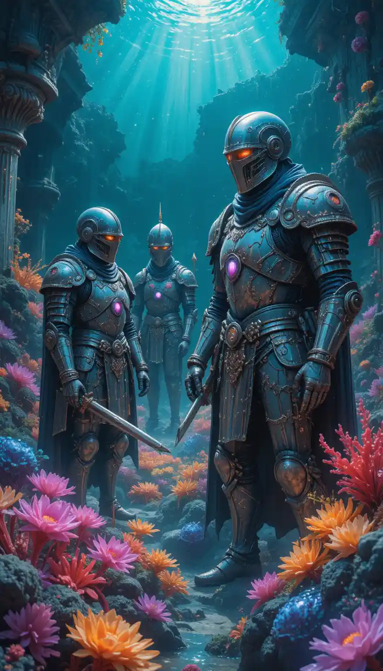 Fossilized knights guarding a glowing underwater coral garden