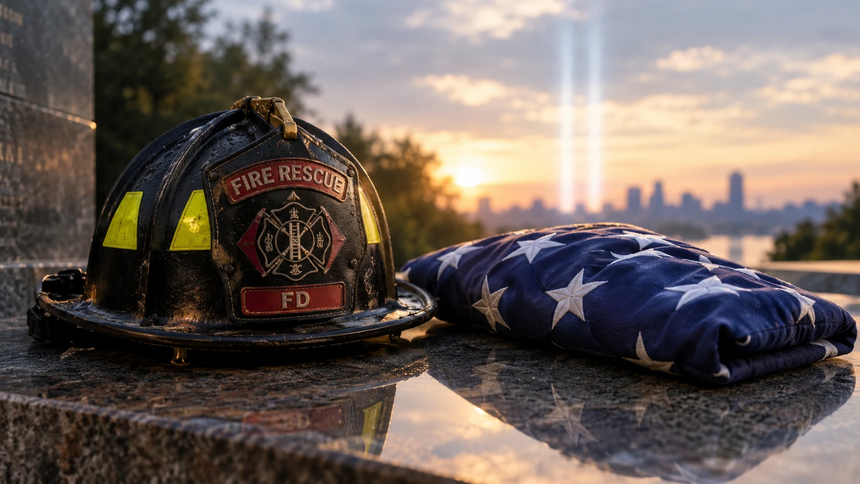 Casco de bombero junto a bandera doblada sobre monumento de piedra