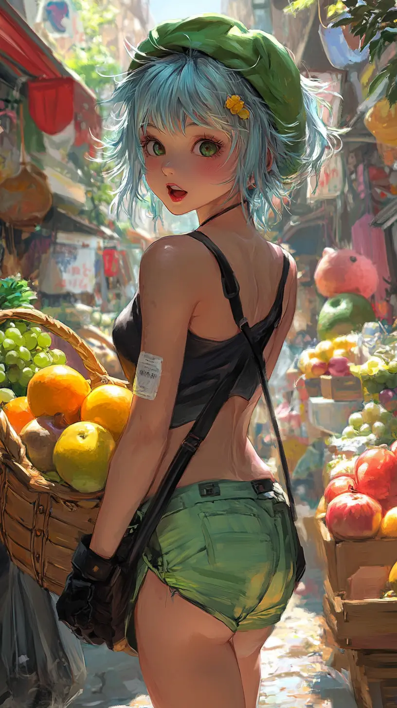 Cute chibi anime girl at a colorful fruit market