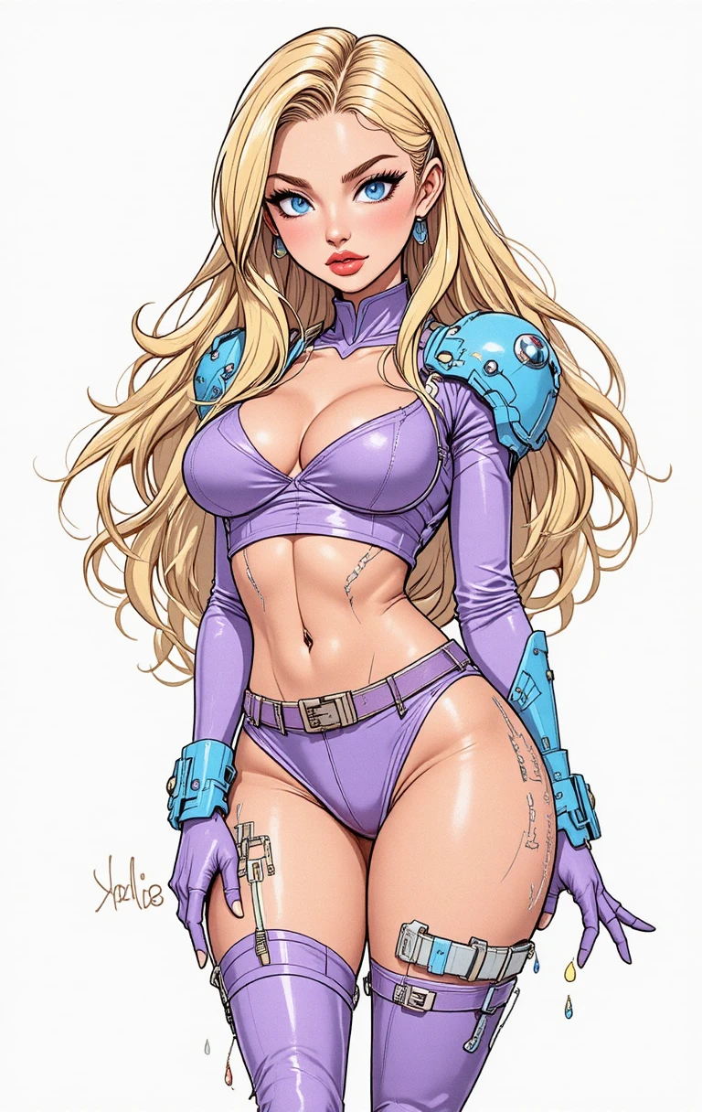 Confident anime woman in futuristic lavender outfit pose