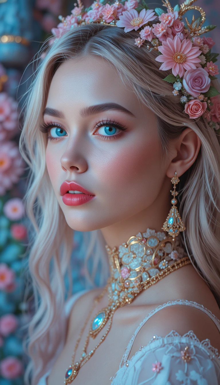 Bella donna in un paesaggio fantasy surreale dai toni pastello
