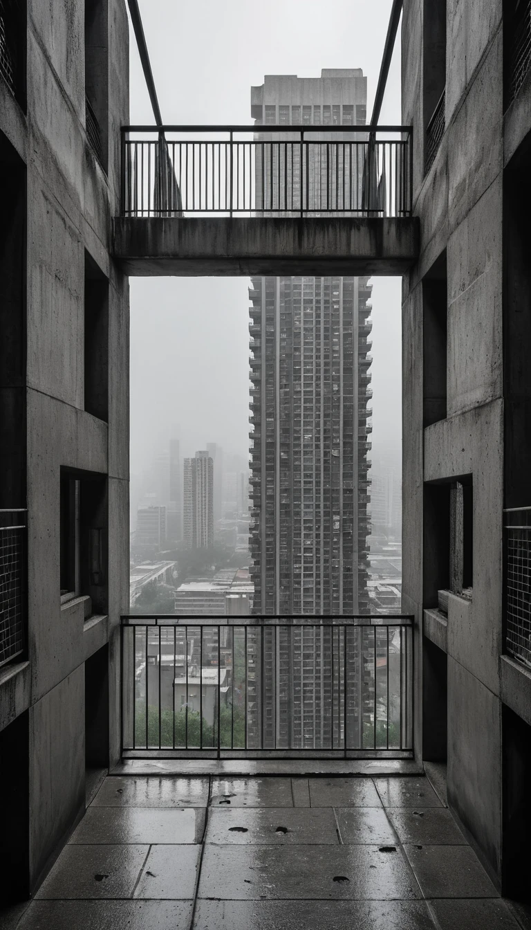 Low angle view of brutalist skyscraper through concrete arch