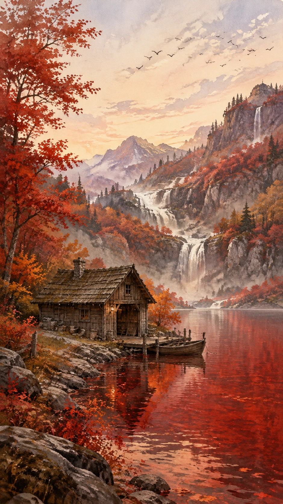 Caserío de Barcas Rústico Junto a un Lago Otoñal Ardiente al Crepúsculo