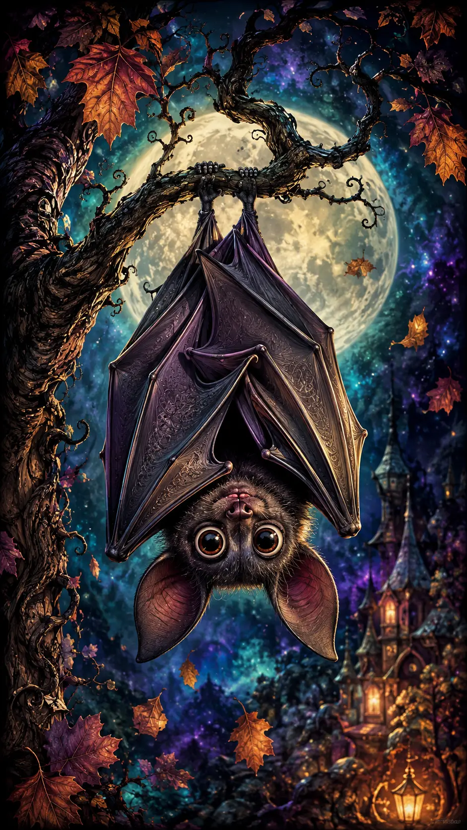 Cute upside down bat on enchanted branch at night
