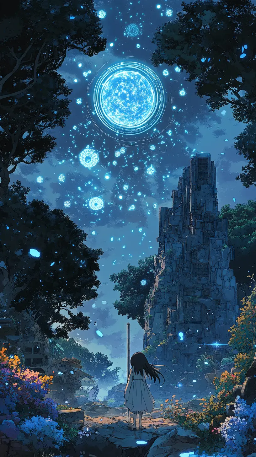Anime-Mädchen am japanischen Tempel mit Feuerwerk und Schmetterlingen