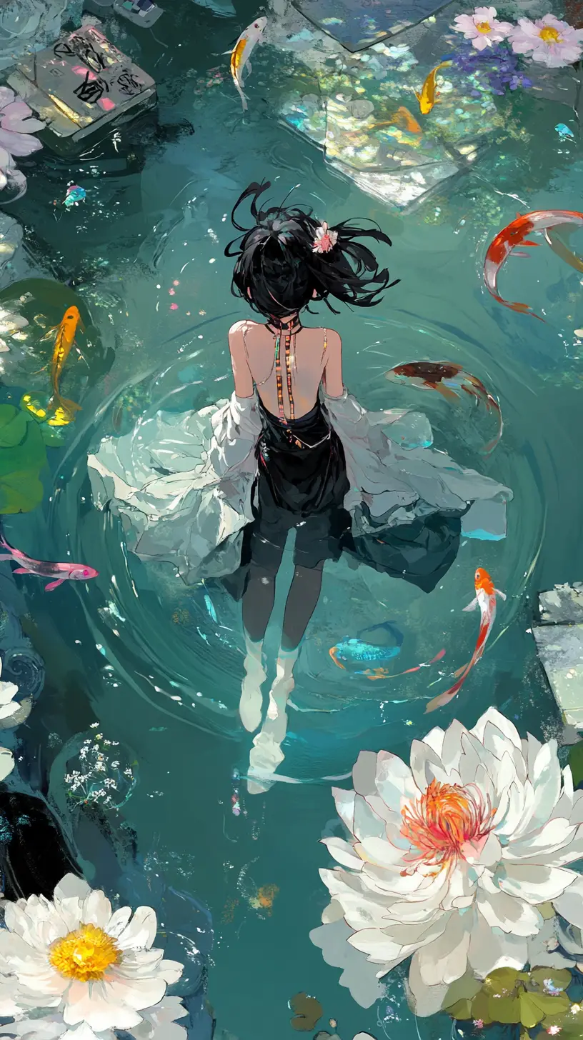 Anime-Mädchen schwebt ruhig auf sanft kräuselndem Wasser mit Fischen
